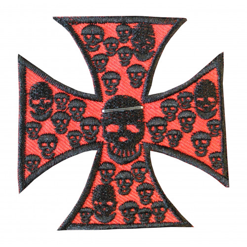 Red Iron Cross with Skulls Embroidered Patch