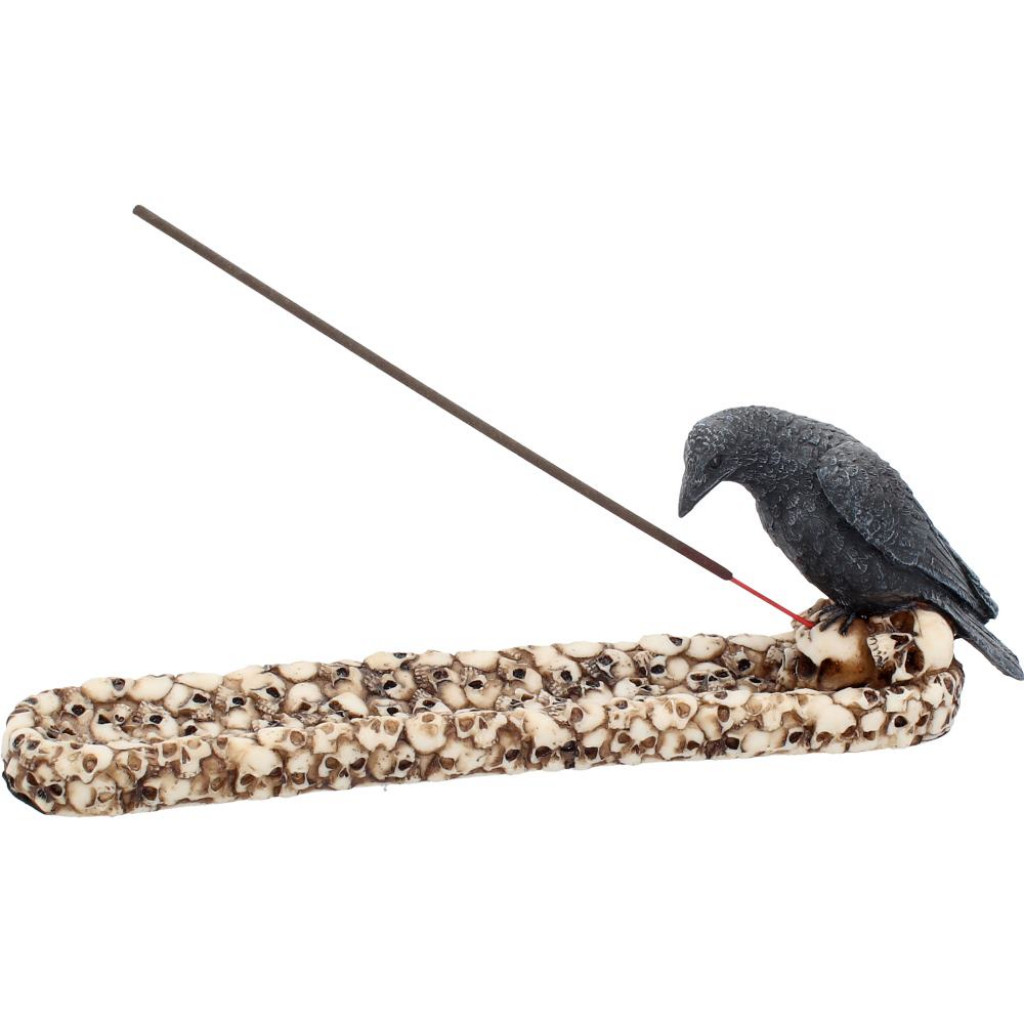 Black Raven Bird Stalking Prey Incense Burner On Skull Mound Statue